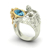 VINTAGE FASHION RINGS Sea Blue Gemstone Navy Blue Topaz Angel Wings Ring