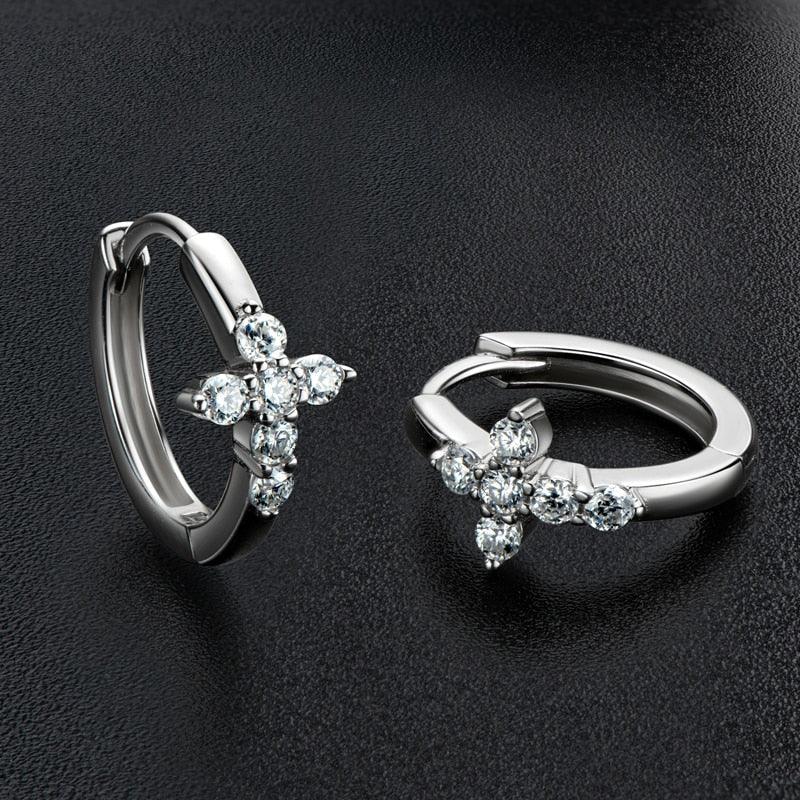 Round Cut 2.0mm ♥︎ High Quality Moissanite Diamonds ♥︎ Cross Hoop Earrings - Charming Fine Jewellery - The Jewellery Supermarket