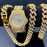 New Iced Out Bling Fashion Simulated Diamonds Miami Cuban Link Chain Gold Luxury Men's Women's Jewellery Set