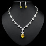 Elegant Yellow CZ Crystal Silver Color Big Square Drop Earrings Necklace Wedding Party Jewelry Sets for Women