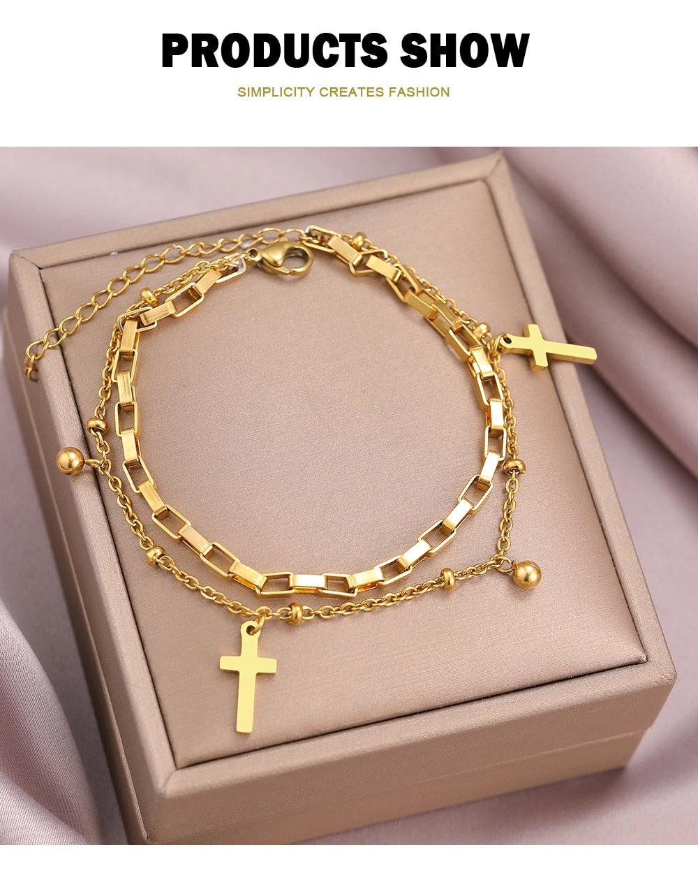 NEW Stainless Steel Bracelets Cross Beads Layer Chain Creative Pendant Bracelet For Women - The Jewellery Supermarket