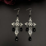 Gorgeous Fashion Black Cross Garnet and Crystal Chandelier Earrings - Large Gothic Statement Christian Jewellery
