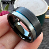 New Arrival 8MM Black Blue Offset Grooved Brushed Tungsten Carbide Wedding Ring for Men Women