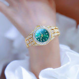 Brand Simulated Diamonds Silver Gold Colour Stainless Steel Vintage Green Dial Quartz Ladies Wristwatch - The Jewellery Supermarket