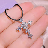 Silver Colour New AAA+ Cubic Zirconia Diamonds Fashion Temperament leaf-shaped Cross Pendant Necklace  - The Jewellery Supermarket