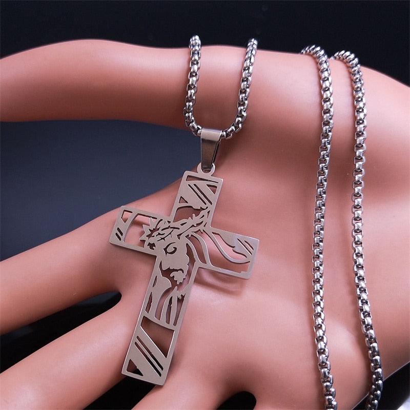 Christ Cross, Jesus Crown of Thorns Stainless Steel Crucifix Necklace - Religious Jewellery  - The Jewellery Supermarket