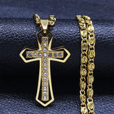 Attractive Catholic Cross Amulet CZ Crystal Gold Color Stainless Steel Pendant Chain Necklace - Christian Jewellery