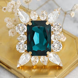 NEW VINTAGE RINGS Large Green Square Crystal Statement for Women Adjustable Rhinestone Exaggerated Ring