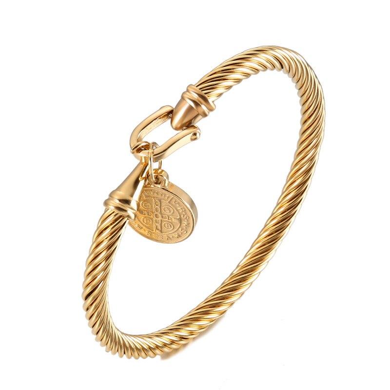 Lovely Jesus Saint Benedict Stainless Steel Wire Medal Bracelet Bangles - Gold Colour Religious Jewellery - The Jewellery Supermarket