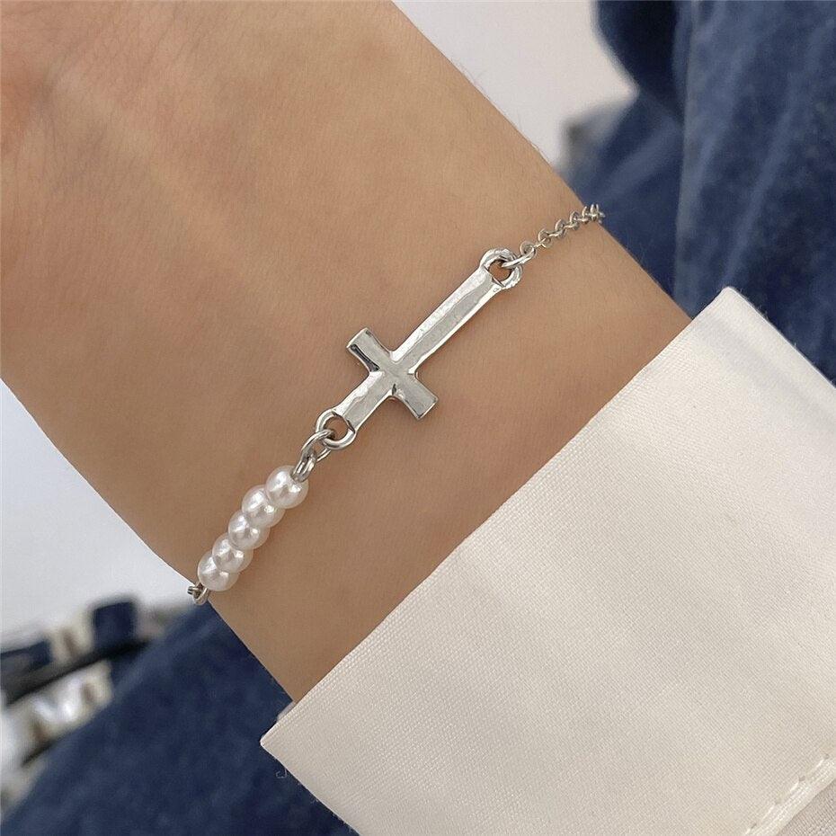 Simple Jesus Cross Adjustable Imitation Pearl Chain Charming Pendant Bracelets for Women - Christian Jewellery - The Jewellery Supermarket
