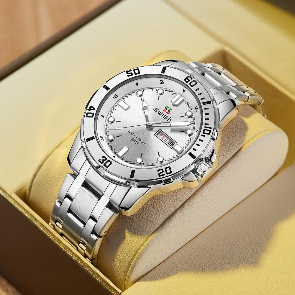 NEW ARRIVAL - Fashion Dual Calendar Silver Gold Luxury Stainless Steel Quartz Sports Watches - The Jewellery Supermarket