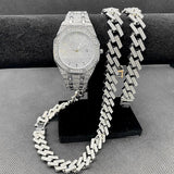 Luxury Hip Hop Iced Out Necklace Bracelet Miami Cuban Chain Simulated Diamonds Gold Colour Watches - The Jewellery Supermarket