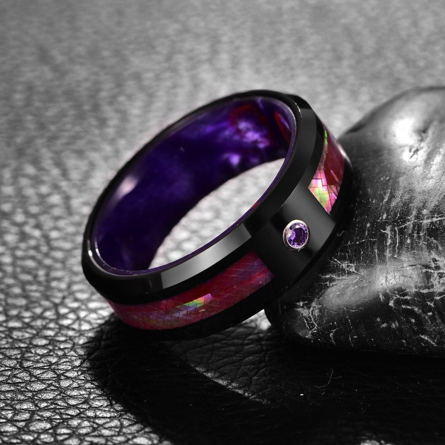 NEW Purple Zirconia Opal Inlaid inner Purple Resin Tungsten Carbide Steel Ring - Popular Jewellery for Men - The Jewellery Supermarket