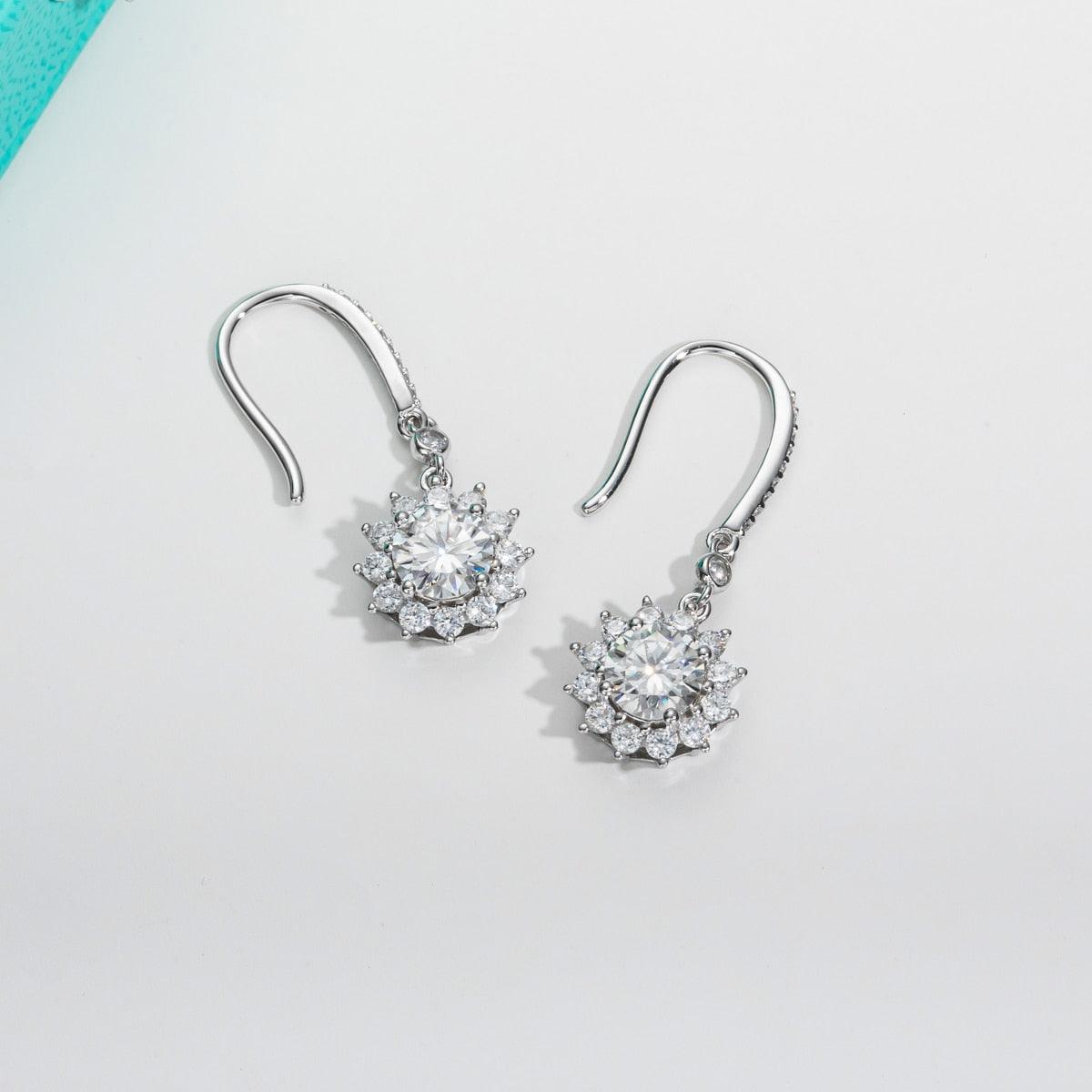 1 Carat Sunflower D Color ♥︎ High Quality Moissanite Diamonds ♥︎ Flower Drop Hook Earrings - Fine Jewellery - The Jewellery Supermarket