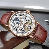 New Moon Phase Automatic Mechanical Watch - 3Bar Waterproof Dual Time Zone Display Skeleton Watches - The Jewellery Supermarket