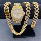 New Iced Out Bling Fashion Simulated Diamonds Miami Cuban Link Chain Gold Luxury Men's Women's Jewellery Set - The Jewellery Supermarket