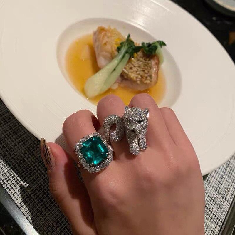 VINTAGE AND FASHION RINGS - Animal Leopard Square Green AAA+ Zircon Luxury Ring - The Jewellery Supermarket