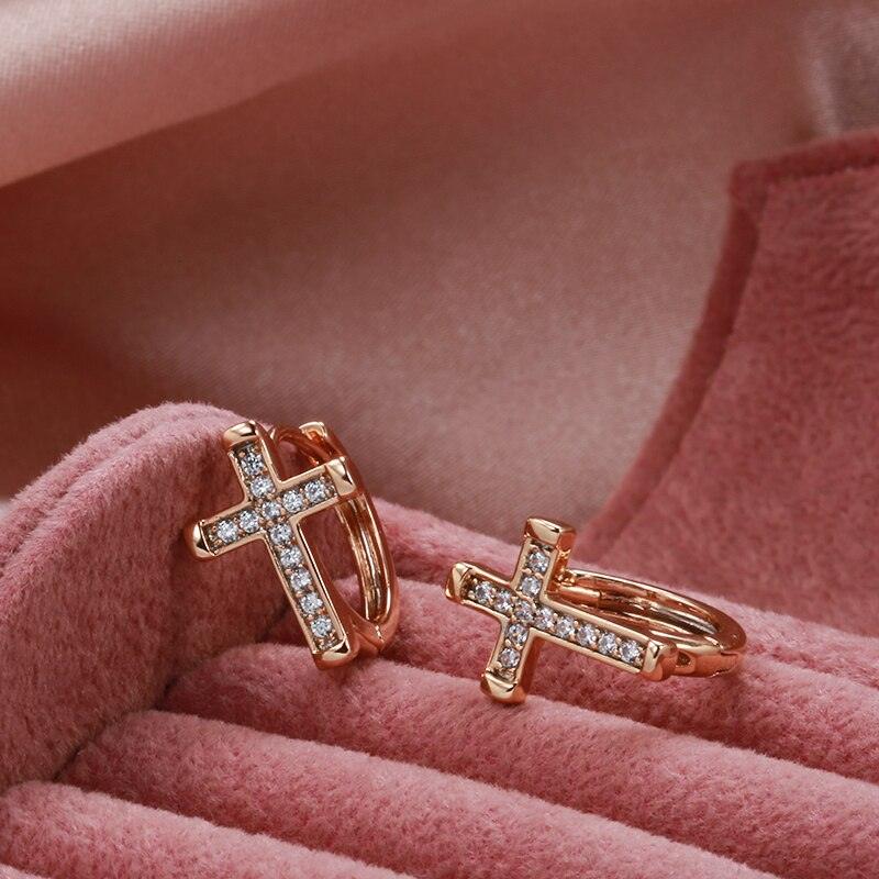 New Unique Cross Earrings 585 Rose Gold Natural Zircon Dangle Earrings - Creative Religious Fashion Jewellery - The Jewellery Supermarket