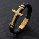Fashion Creative Cross Metal Magnetic Clasp Bracelet. Charming Leather Braided Bracelet - Christian Jewellery
