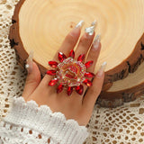 NEW VINTAGE RINGS Luxury Big Sunflower Boho Red Blue Champagne Color Zircon Crystal Unusual Ring