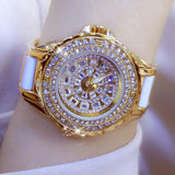 Full Simulated Diamonds Gold Colour Bracelet Ceramic Strap Waterproof Quartz Luxury Brand Women Watches