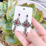 Vintage Cross Long Dangle Earrings - Antique Gold Colour Resin Crystal Multicolor Religious Jewellery - The Jewellery Supermarket