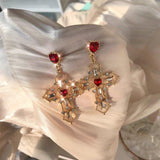 Vintage Red Heart Crystal Christian Earrings for Women - Cross Pendant Rhinestone Dangle Jewellery