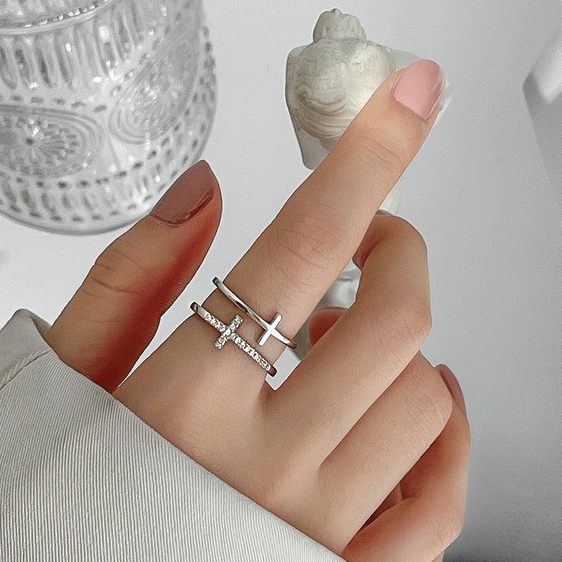 Elegant Silver Color Double Cross Flashing AAA Zircon Crytals Open Rings for Women - Christian Fashion Jewellery - The Jewellery Supermarket