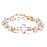 LOWEST PRICE Cross Design Adjustable Rhinestone Pearl Christian Bracelet For Women - Religious Jewellery - The Jewellery Supermarket