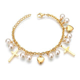 New Bohemia Gold Color Stainless Steel Cross Pearl Heart Charms Bracelet