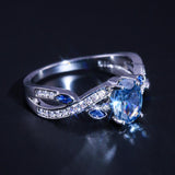 Cirrus Twist Winding Design With Cute Leaves Brilliant with Sky Blue AAA+ Cubic Zircon Ring