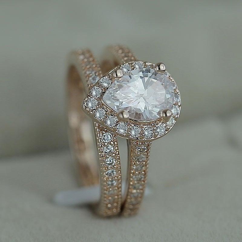 Water Drop 2PC Ring With Micro Paved AAA+ CZ Diamonds Elegant Bridal Classic Solitaire Ring - The Jewellery Supermarket
