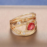 Elegant Red Pear Shape AAA Zircon Crystals Luxury Gold Color Hollow-out Ring