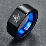 Retro Big Head Style Black with Blue Rings Laser Masonic Sign Tungsten Ring
