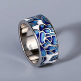 New -  Handmade Enamel 925 Silver Classic Epoxy Enamel Blue Flower Ladies Ring