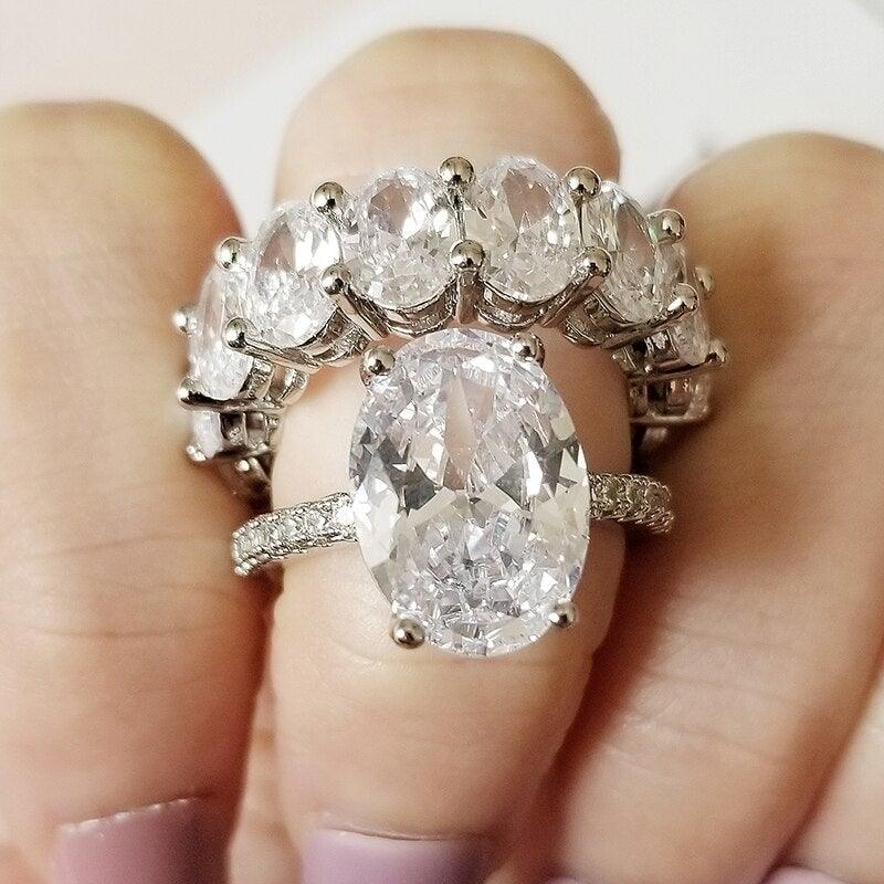 Dazzling Oval AAA+ Cubic Zirconia Diamonds Big Jewellery Eternity Engagement Wedding Ring Set - The Jewellery Supermarket