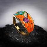 New 2022 - Handmade 925 Silver Exquisite Enamel epoxy Golden Sunflower Zircon ring - The Jewellery Supermarket