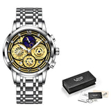 Great Gifts for Men - Brand Luxury Moon Phase Waterproof Chronograph Stainless Steel Quartz Watch - The Jewellery Supermarket