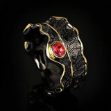 Retro Elegant Irregular Leaf Shape Red AAA Zircon Crystal Opening Adjustable Black Gold Two-tone Ring