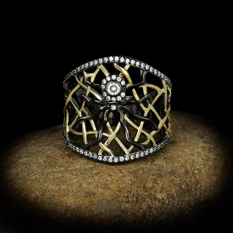 New Gothic Style Hollow Spider Retro Animal Black Gold AAA+ Zircon Diamonds Two-tone Ring - The Jewellery Supermarket