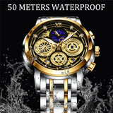 Great Gifts for Men - Brand Luxury Moon Phase Waterproof Chronograph Stainless Steel Quartz Watch - The Jewellery Supermarket