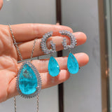 New Fashion Water Drop Pendant Necklace Earrings Paraiba Tourmaline Gemstone Set