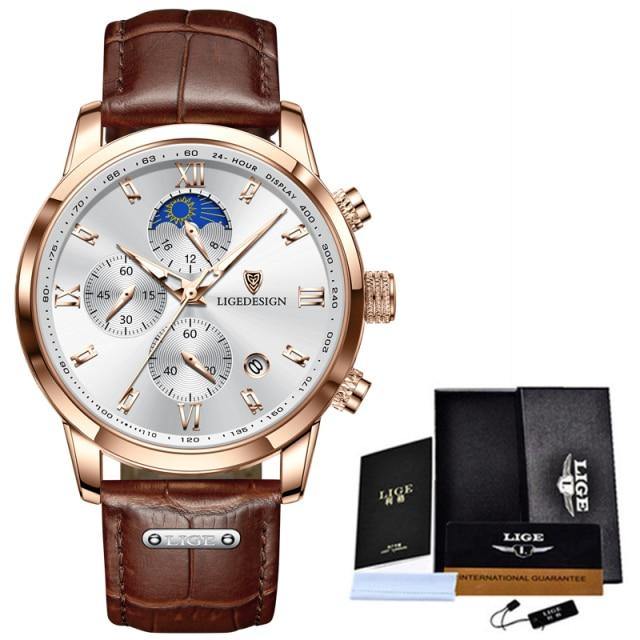 Top Luxury Brand Waterproof Sport Chronograph Quartz Wrist Watch with Leather Strap - The Jewellery Supermarket