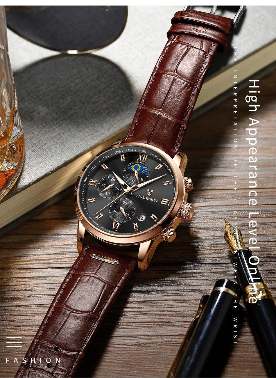 Top Luxury Brand Waterproof Sport Chronograph Quartz Wrist Watch with Leather Strap - The Jewellery Supermarket