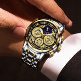 Great Gifts for Men - Brand Luxury Moon Phase Waterproof Chronograph Stainless Steel Quartz Watch - The Jewellery Supermarket