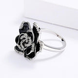 New 2023 - Handmade Elegant 925 Silver Unique Black Flower Enamel Ring - The Jewellery Supermarket