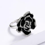 New 2023 - Handmade Elegant 925 Silver Unique Black Flower Enamel Ring - The Jewellery Supermarket