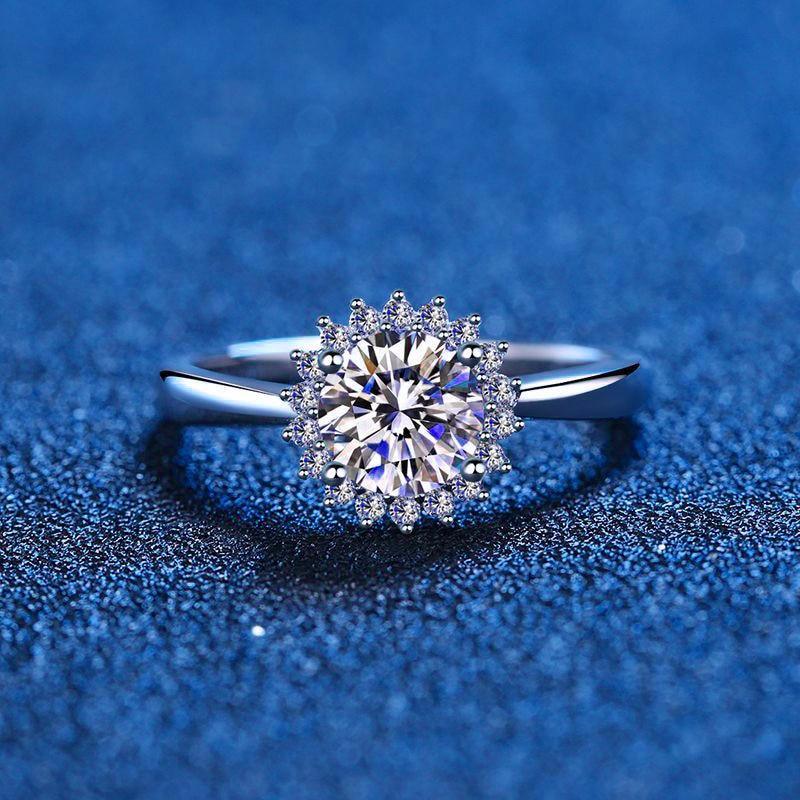 Gorgeous 100% Flower Moissanite Diamond 14KGP Silver Round Diamond Halo Wedding Rings - The Jewellery Supermarket