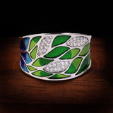 New -  Handmade Enamel 925 Silver Elegant Bohemian AAA+ Zircon Inlaid Green Leaf Ring