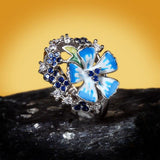 New 2022 - Handmade Exquisite 925 Silver Blue Enamel Flower Ring - The Jewellery Supermarket